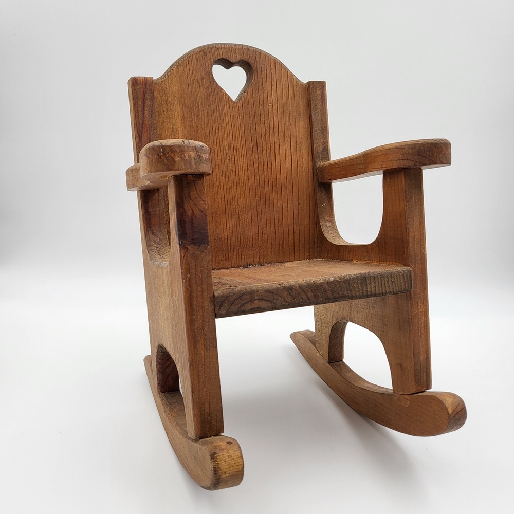 Vintage Wooden Doll Rocking‎ Chair Heart Cutout Miniature Rustic Brown Decor